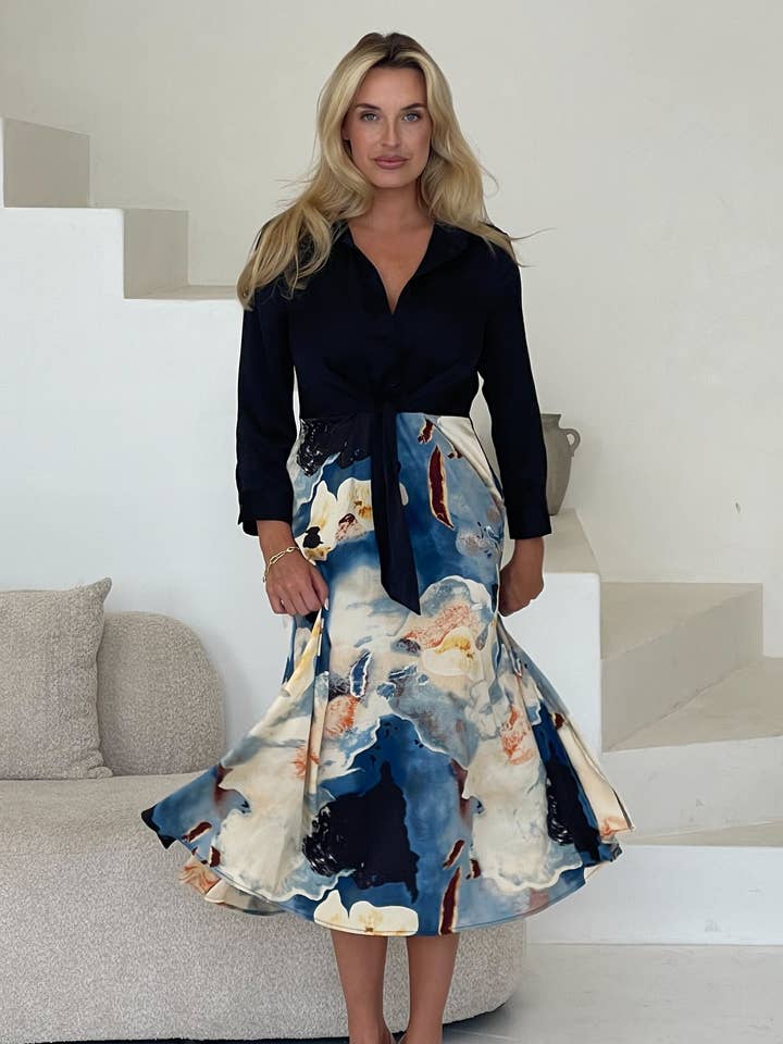 Isabella Black and Marble Tie Front Shirt Dress for wholesale by Girl In Mind