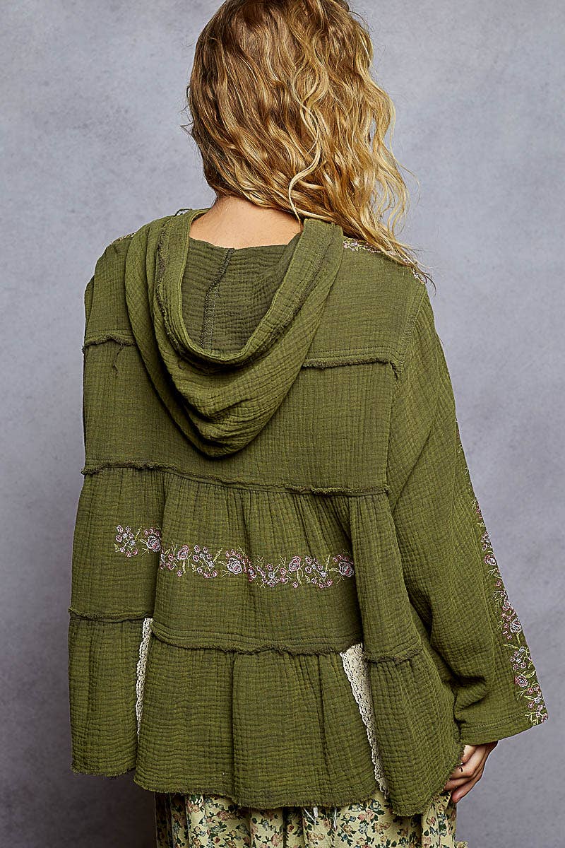 Pol Clothing - Wholesale Hoodie - Women's - Long Sleeve Double Gauze Embroidery Shirring Woven Top27