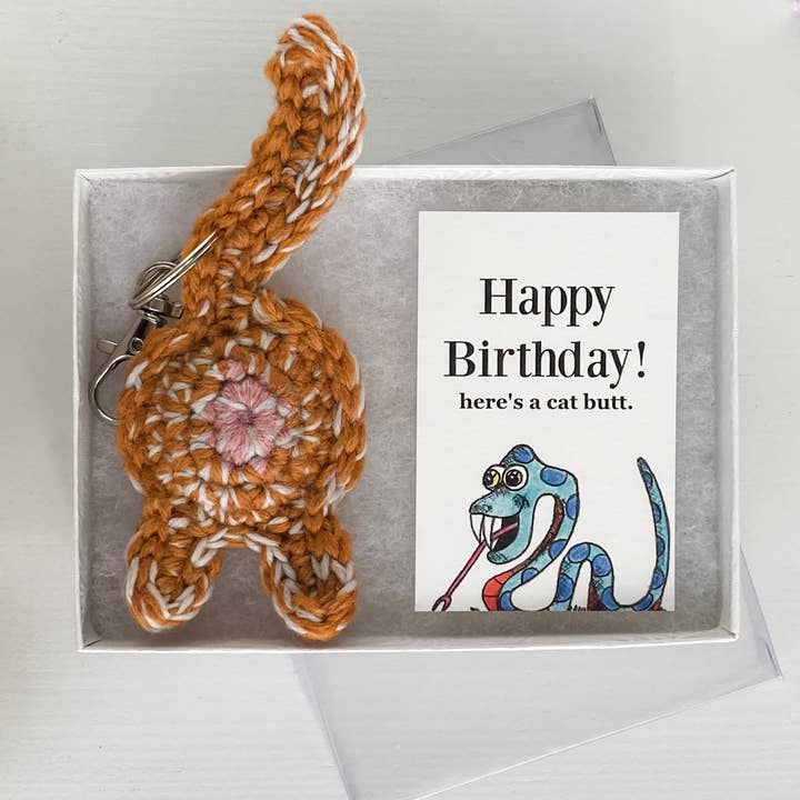Orange Cat Butt Keychain Birthday Gift with Snake Card for wholesale by Knot By Gran'ma
