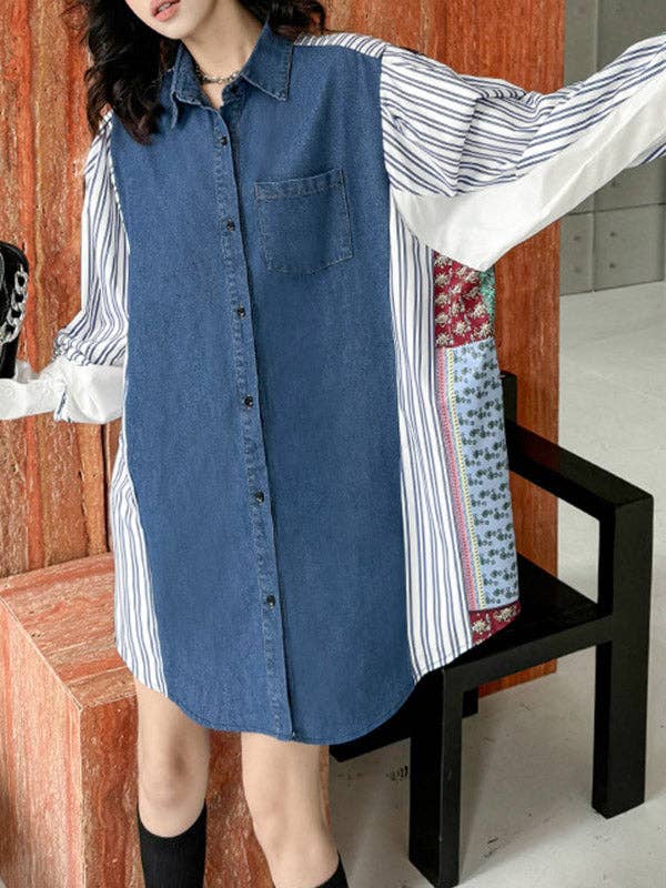 Sheer Trend - Vente Chemise à col boutonné – femme - Blouses et chemises à revers rayés à manches longues, amples et boutonnées, poches de couleur contrastante7