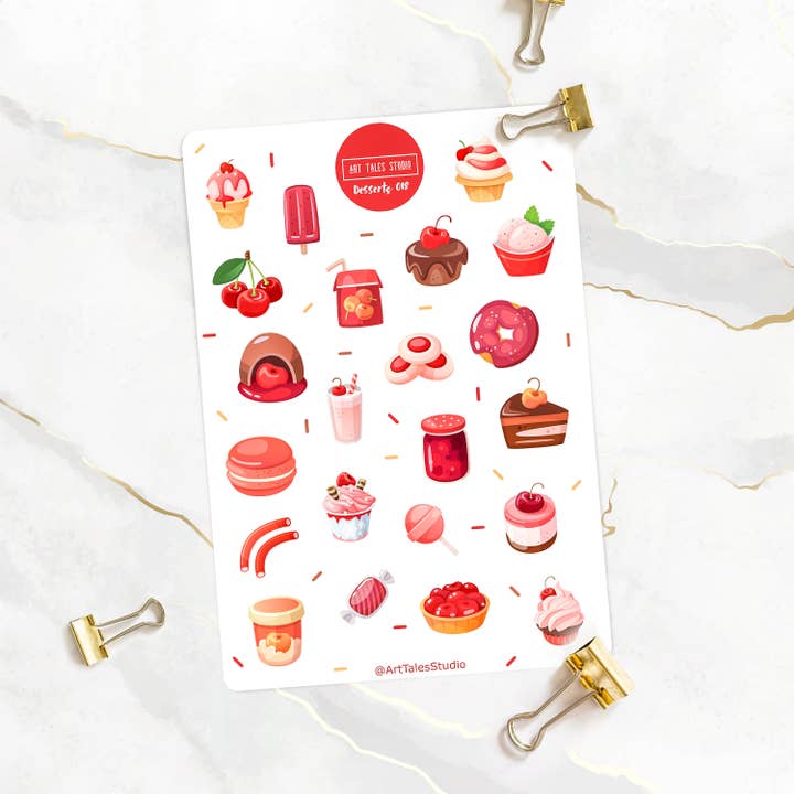 Cherry Dessert Sticker Sheet, Food Stickers, Planner Stickers, Bullet Journal Stickers, Cake Stickers, Cherry Stickers, Scrapbook, Xmas Gift for wholesale by Art Tales Studio