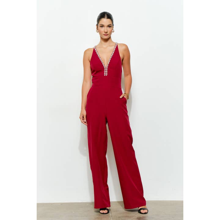 INA – wholesale Jumpsuit - Dam – Kristallprydd djup V-ringad jumpsuit med korsad rygg10