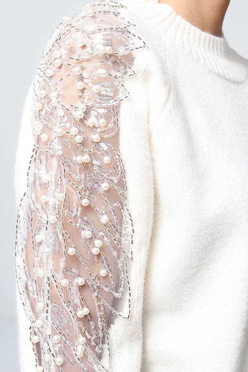 DIX-ONZE - Wholesale Knit Sweater - Women's - Soft Knit Sweater – Sequin & Pearl Details on Sleeves15
