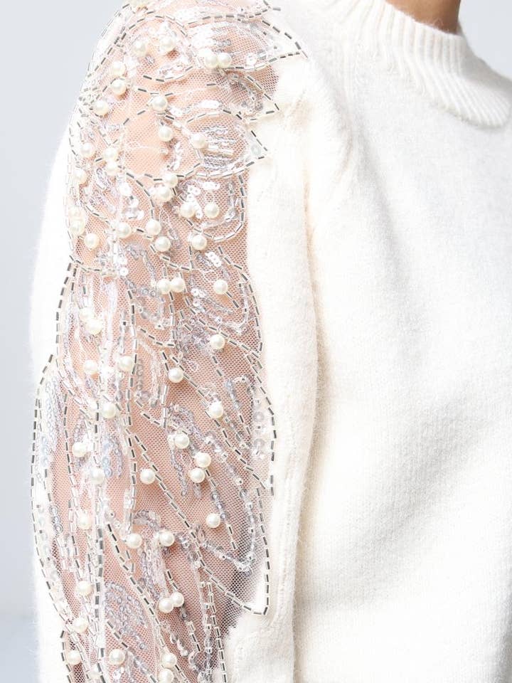 DIX-ONZE - Wholesale Knit Sweater - Women's - Soft Knit Sweater – Sequin & Pearl Details on Sleeves15