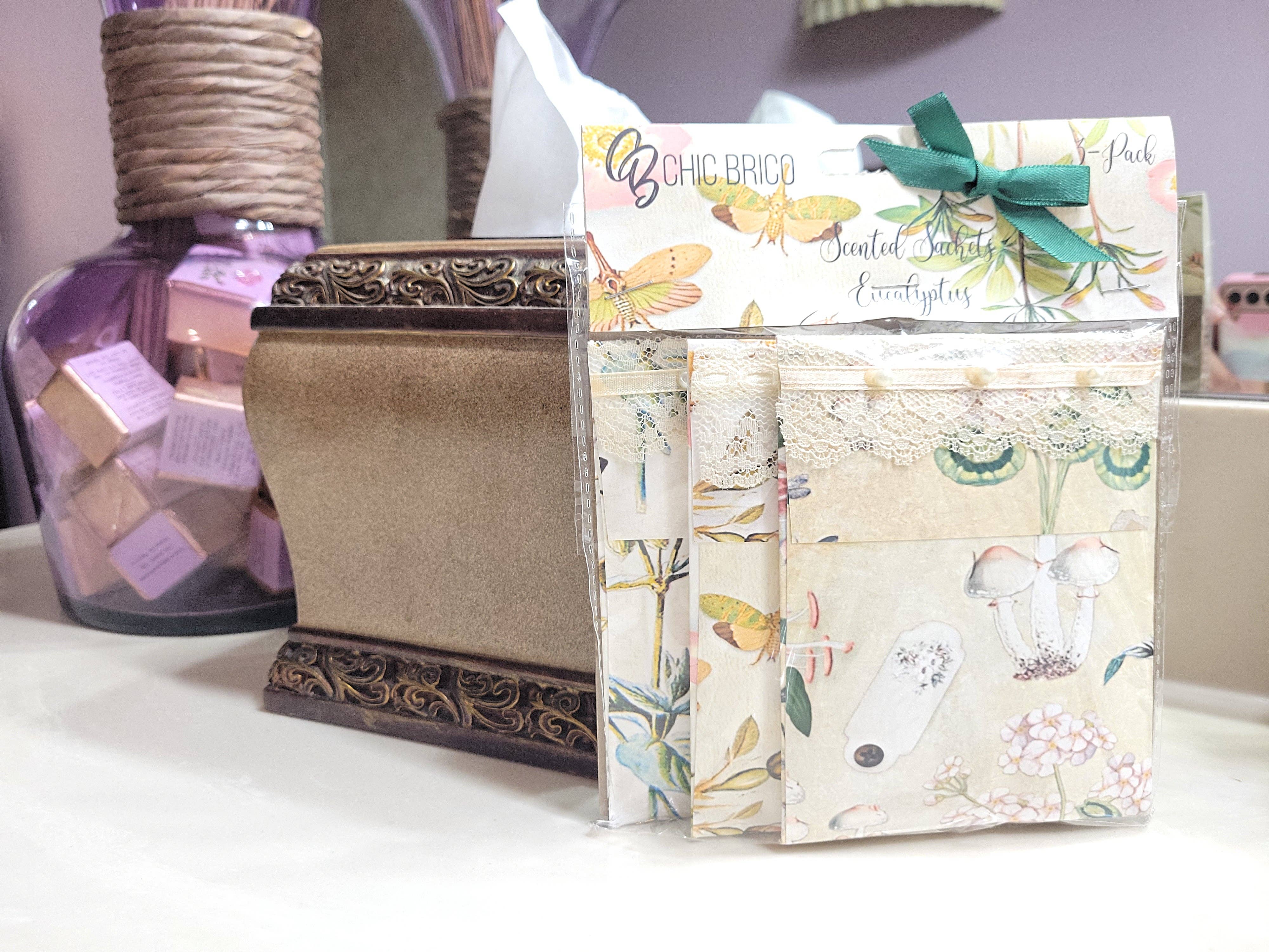 Chic Brico - Wholesale Sachet - Pearls & Lace Eucalyptus Scented Drawer, Closet & Car Sachets, Large Size 4" x 5", 3-Pack1