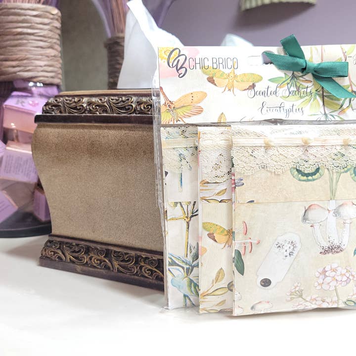 Chic Brico - Wholesale Sachet - Pearls & Lace Eucalyptus Scented Drawer, Closet & Car Sachets, Large Size 4" x 5", 3-Pack1