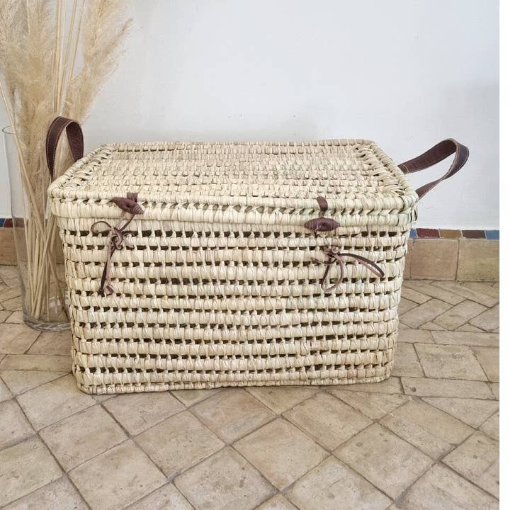 Moroccan Palm leaf storage chest with leather handle for wholesale by MARRAKECH METACRAFT LTD