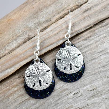 Black Sand Dollar Earrings Sea Shell Jewelry Handmade Maine for wholesale by Eye Catching Jewelry