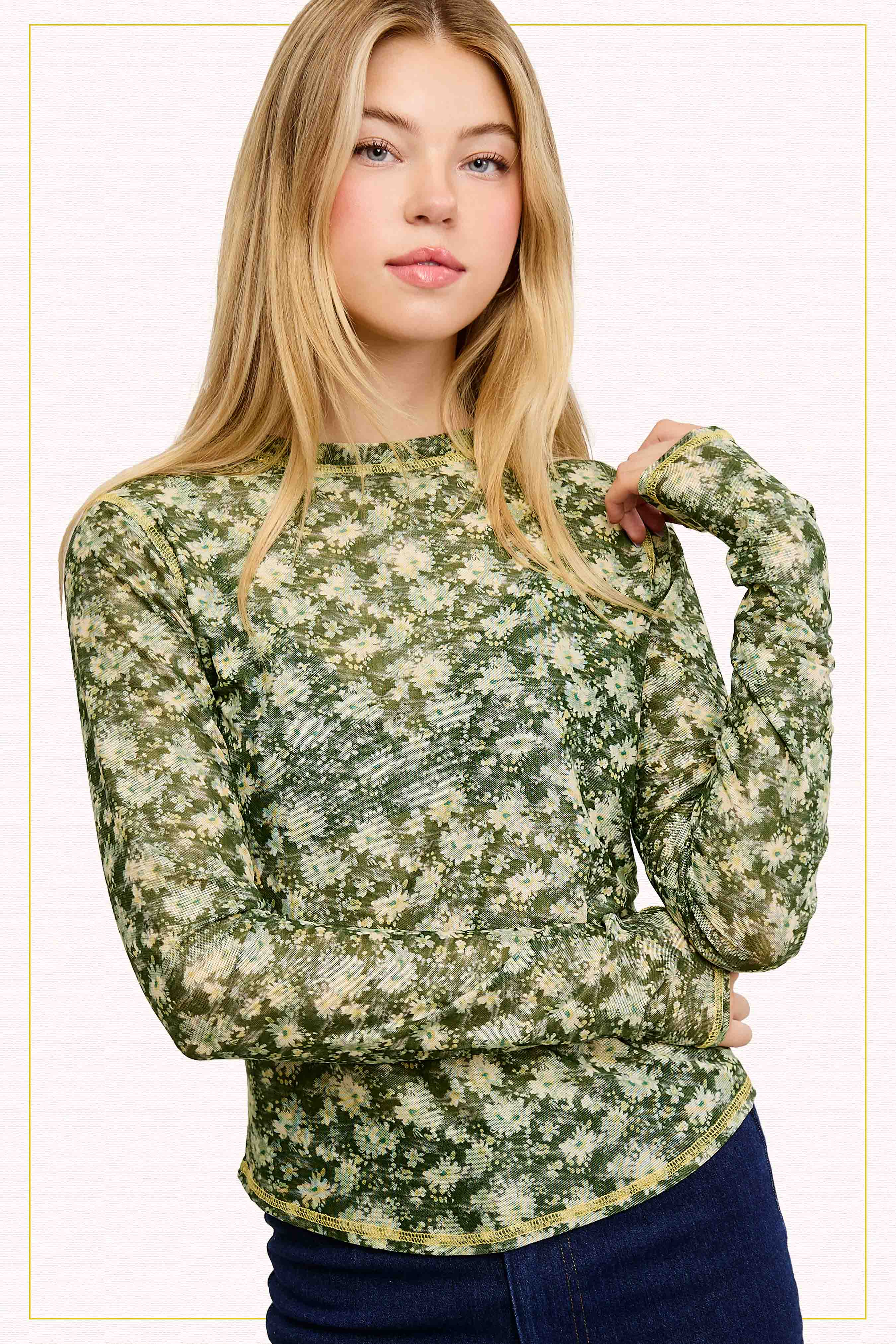 La Miel - Venta al por mayor Jersey corto de punto - Mujer - JCT7701-Top semitransparente con cuello redondo y manga larga con capas de malla9