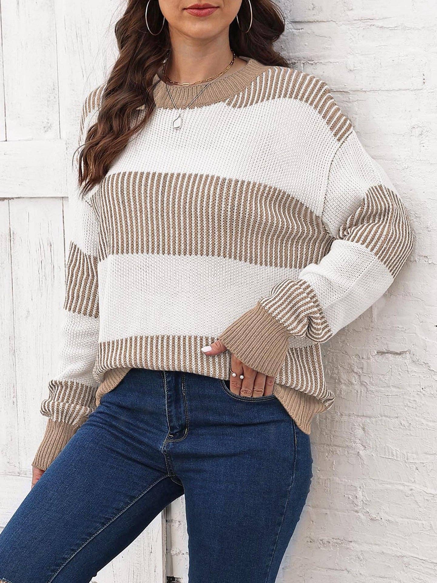 Suhkasana - Wholesale Knit Sweater - Women's - Plus Size Colorblock Striped Sweater | Cozy Fall/Winter Knit9
