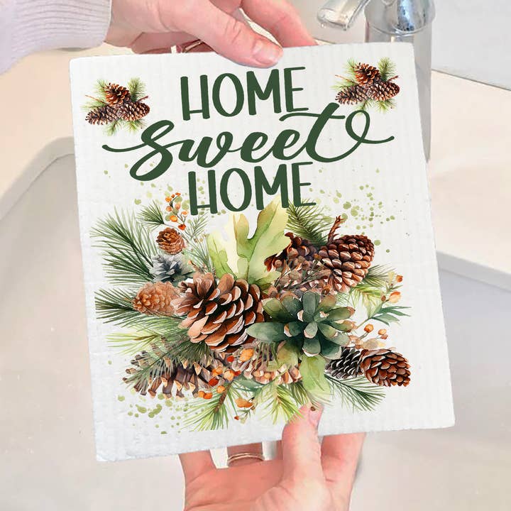 Home Sweet Home Bucket Pine ConesSwedish Dishcloth for wholesale by Avery Lane Gifts