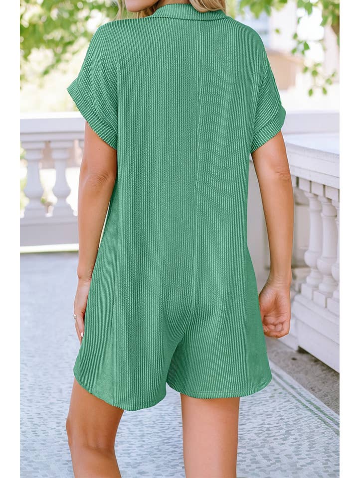 Grass Green LDC Corded Knit Side Pockets Collared Short Sleeve Romper for wholesale on Faire