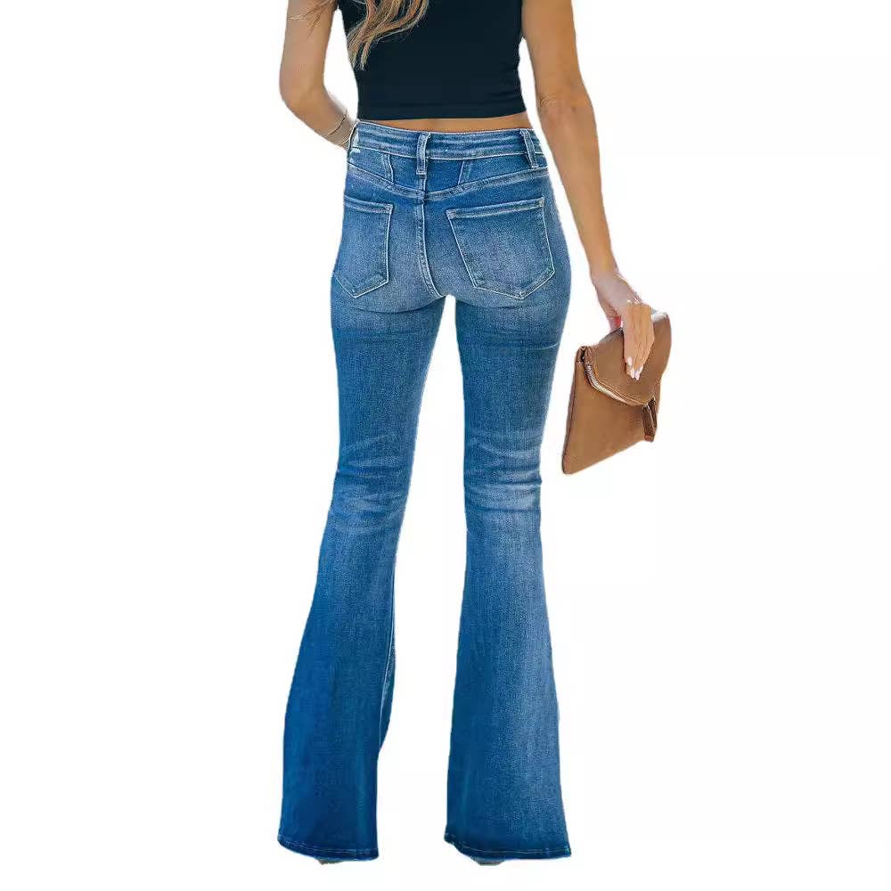 Blue High-Waist Button Fly Flare Jeans with Seamed Detailing for wholesale on Faire3