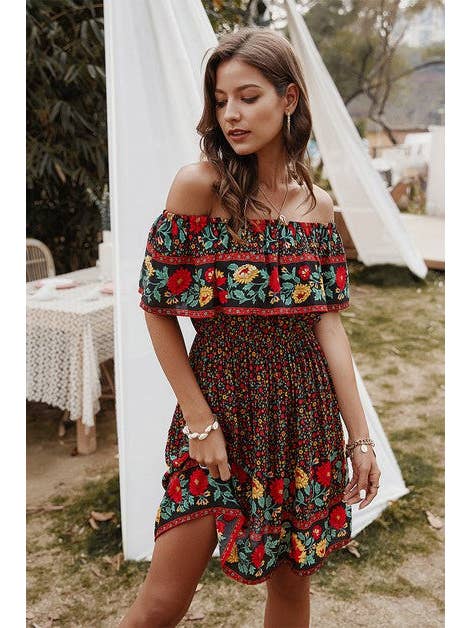 Supreme Fashion - Wholesale Dress - Women's - Boho Print Cut Ruffle Accented Pleated Short Dress1
