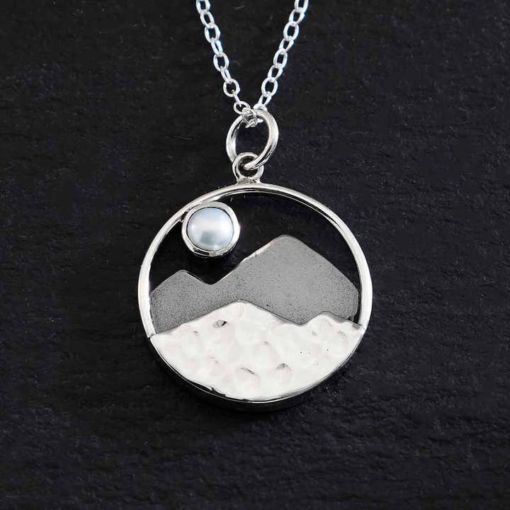 Sterling Silver Mountain with Pearl Moon Necklace for wholesale by Nina Designs