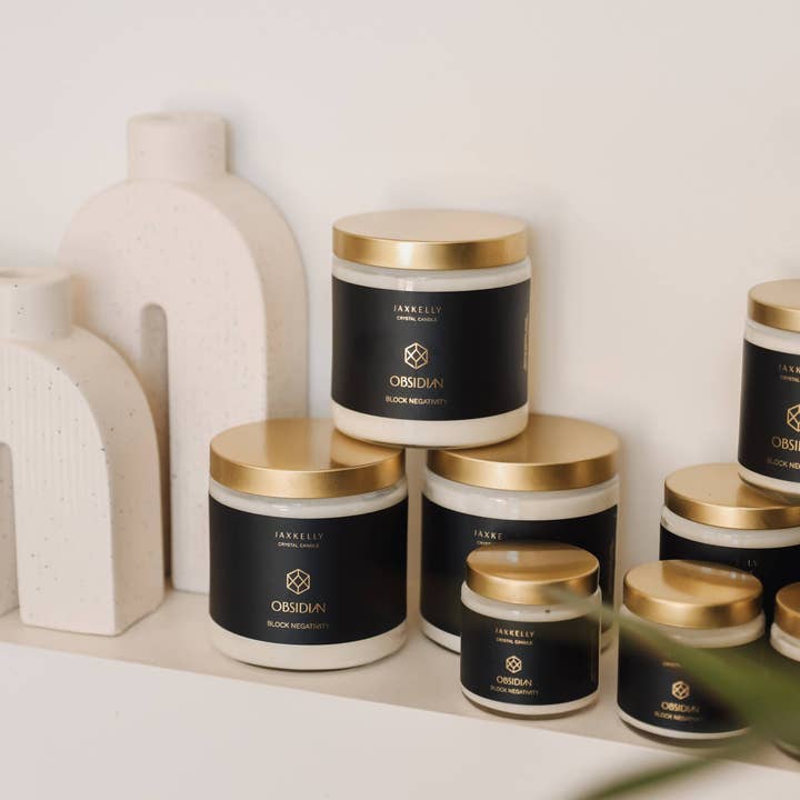 JaxKelly Candles - Wholesale Jar/Filled Candle - 4oz Clear Crystal Candles - Obsidian - Block Negativity4