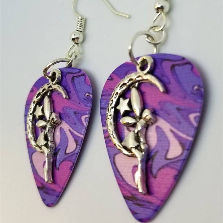 Simply Raevyn - Wholesale Dangle Earrings - Fairy on the Half Moon Charm Guitar Pick Earrings39