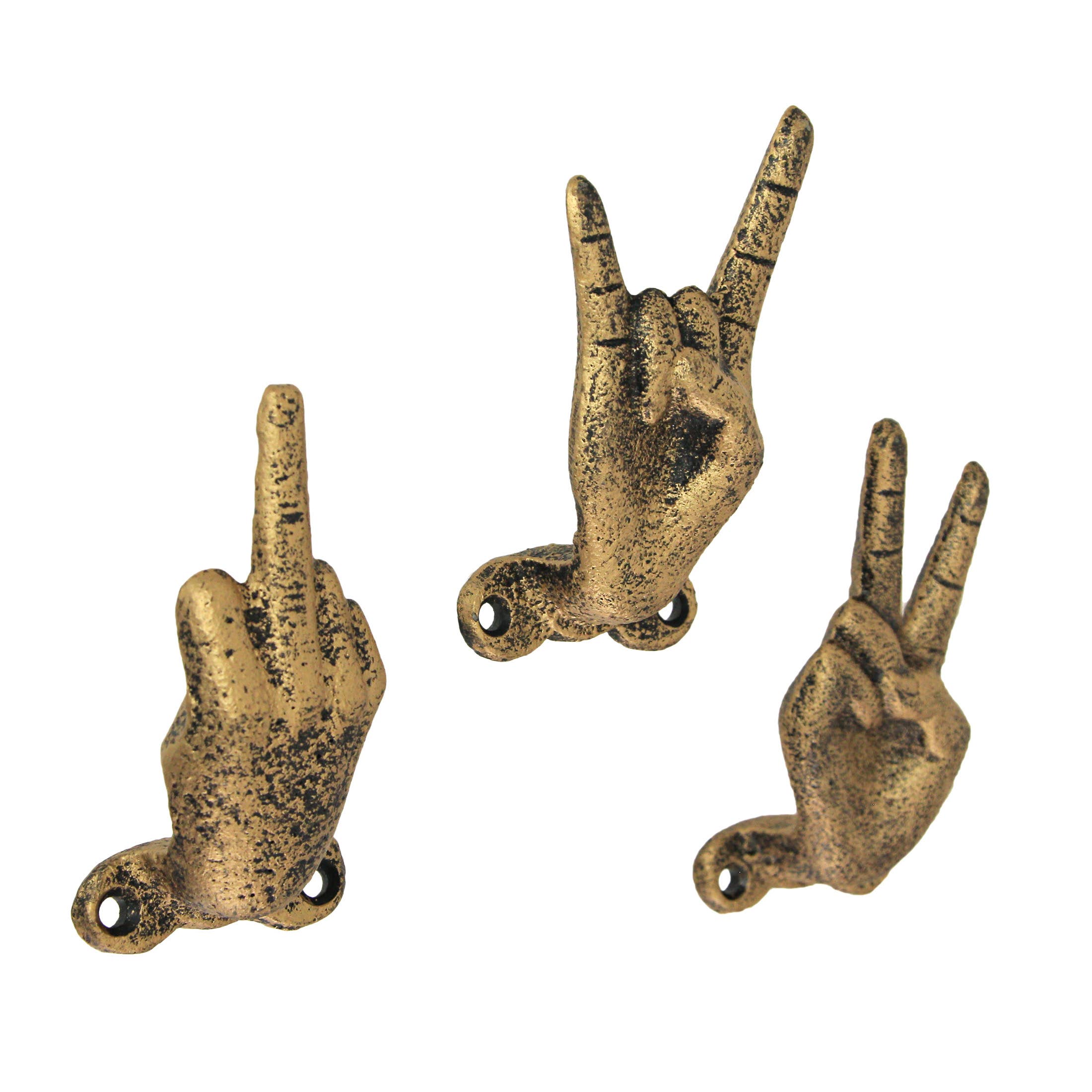 Zeckos - Wholesale Wall Hook - Set of 3 Gold Cast Iron Hand Gesture Decorative Wall Hooks0