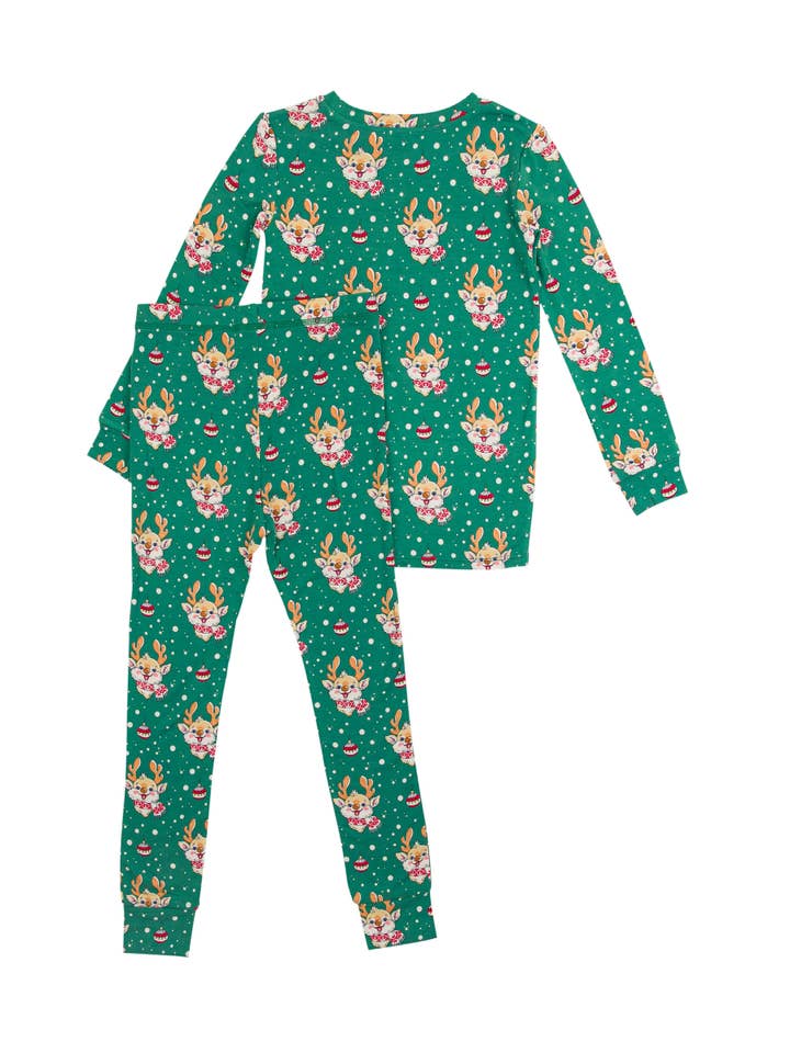 Green Boys Reindeer Cheer Bamboo Viscose Long Sleeve Pajama Set for wholesale on Faire