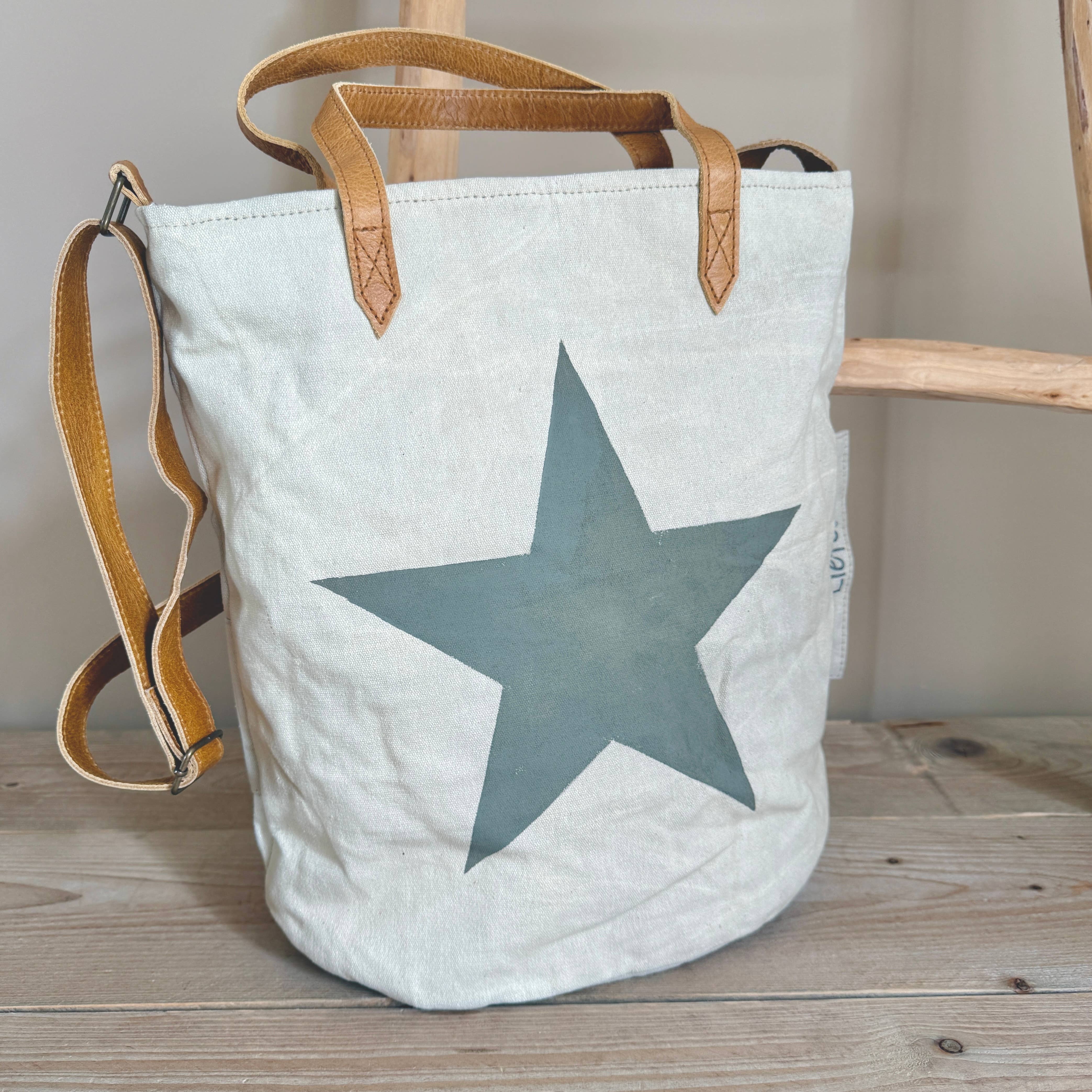 Liefe NL - Vente Sac à bandoulière – femme - BucketBag étoile olive (toile vintage claire) NOUVEAU2