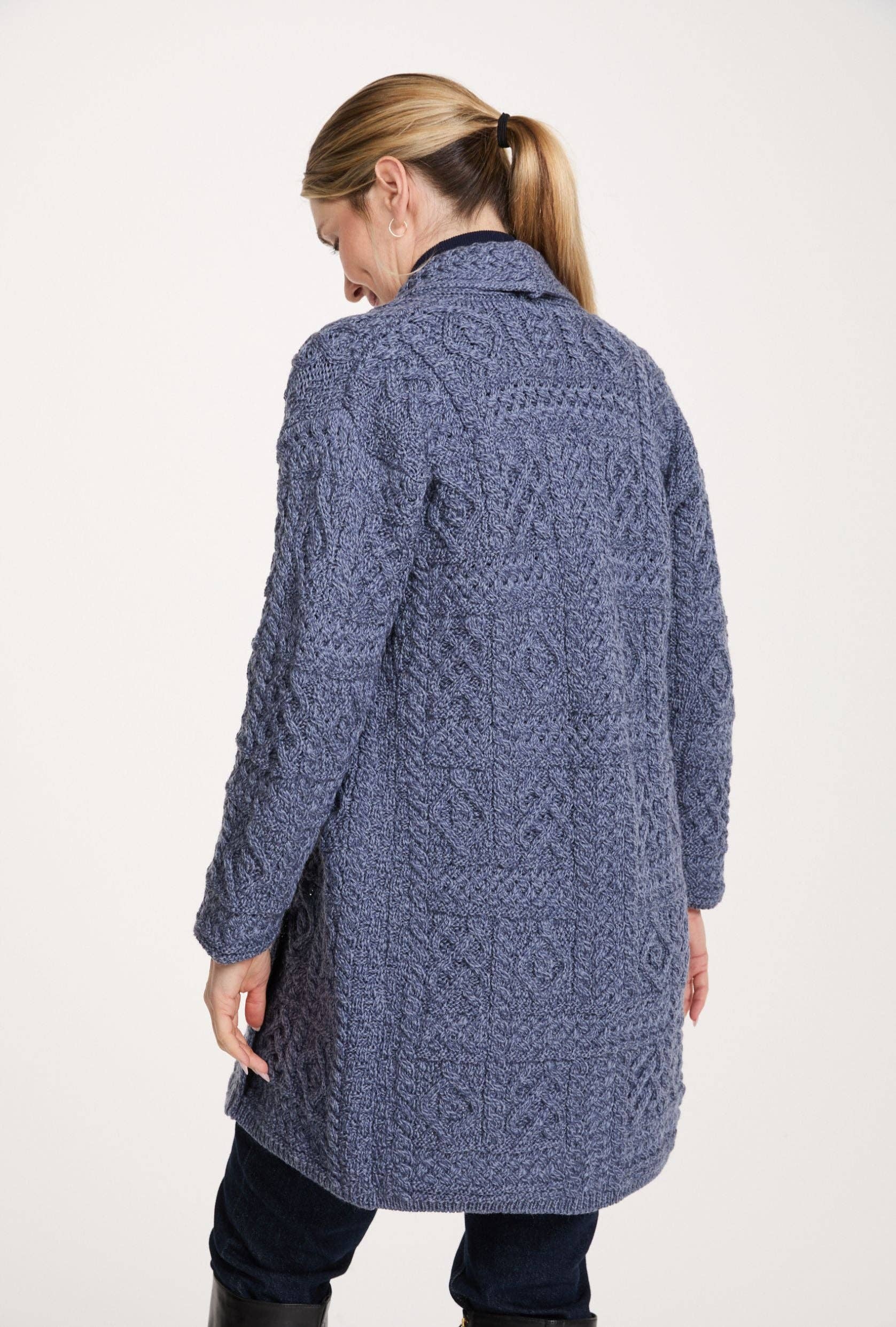 Aran Woollen Mills - Wholesale Cardigan - Women's - Tara Ladies Merino Aran Long Shawl Cardigan - Denim2