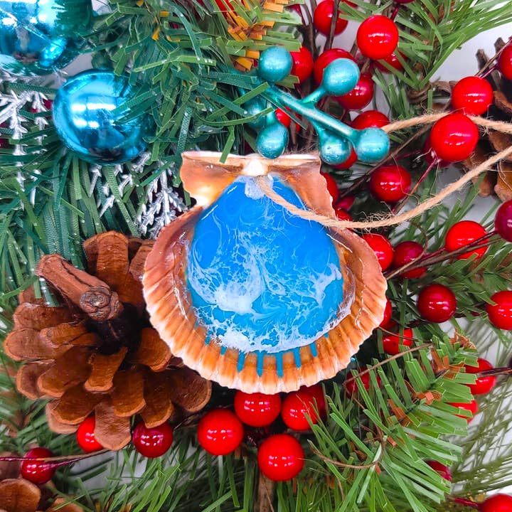 JEMS of the Sea - Wholesale Ornament - Real Scallop Seashell Christmas Ornaments-Resin Ocean Waves