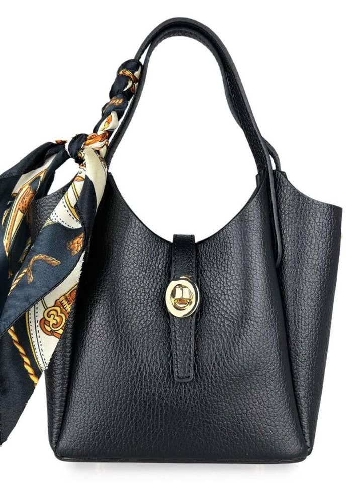 MI562BK Italian Leather Black Small Tote Bag w/ Scarf Detail for wholesale by JIJOU CAPRI