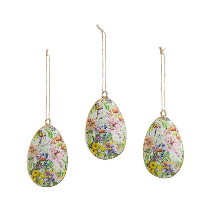 VHC Brands - Wholesale Ornament - Spring In Bloom Metal Floral Egg Ornament Set of 3 4x2.52