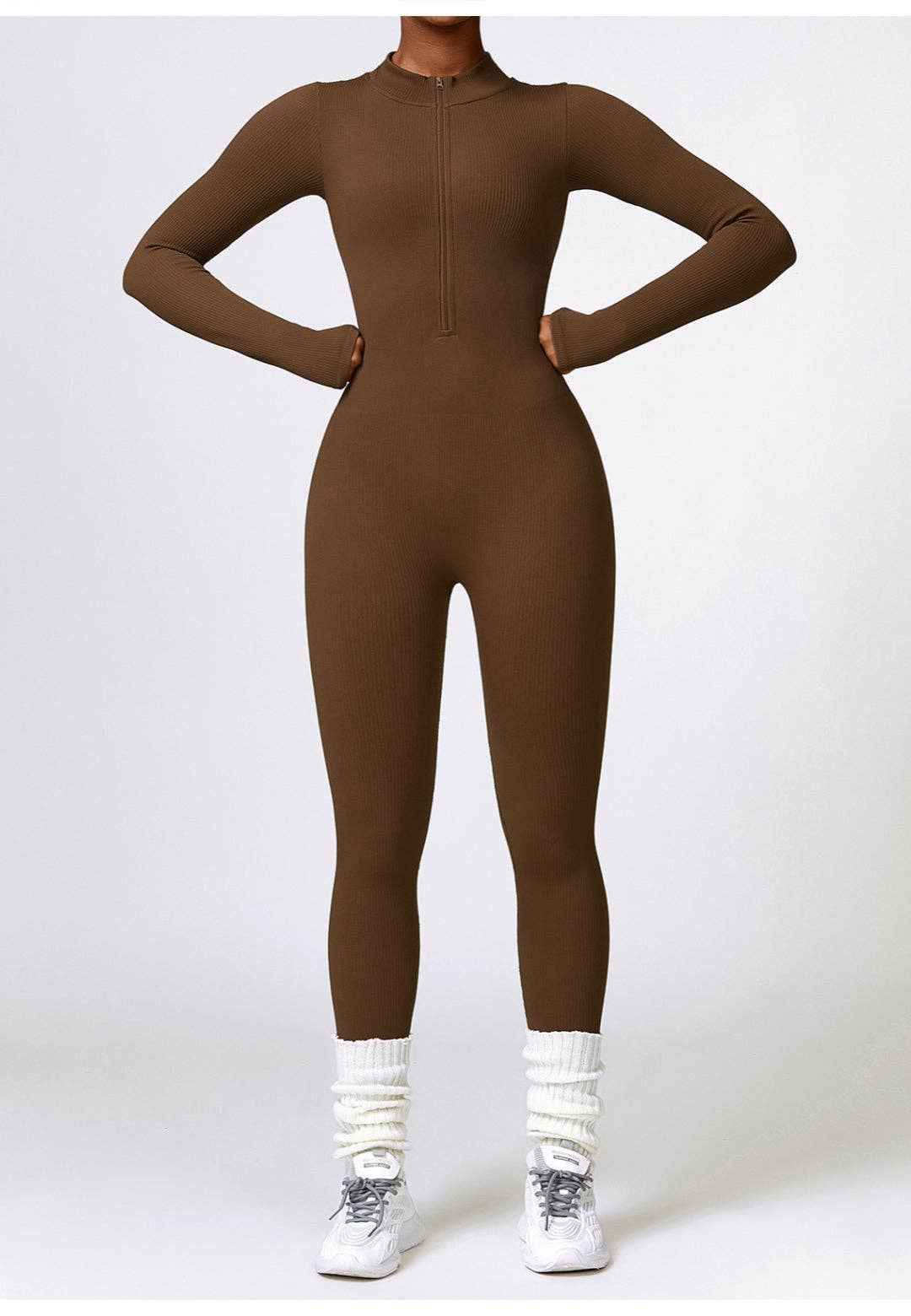 Active by Anna-Kaci – wholesale Unitard – Women′s – Zip-Up Ribbed Knit Unitard Jumpsuit4