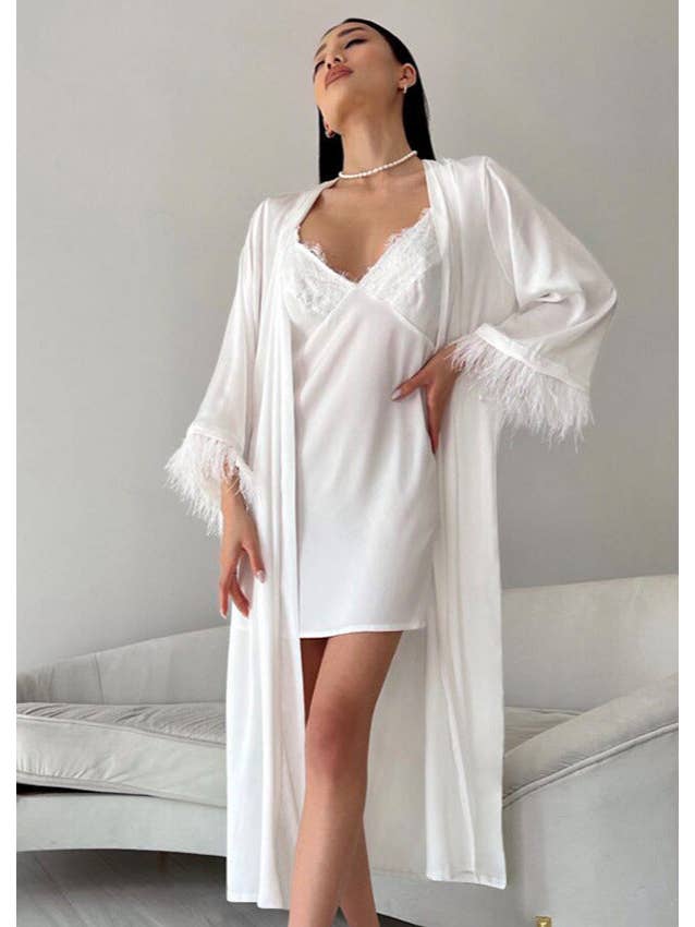 White Feather-Trim Satin Robe and Nightgown Set for wholesale on Faire