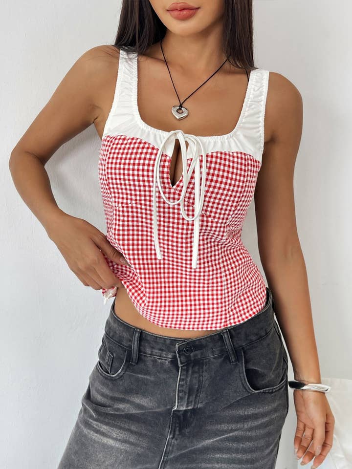 String Plaid Color Block Sleeveless Tank Tops DP25C417 for wholesale by Dipped Shop