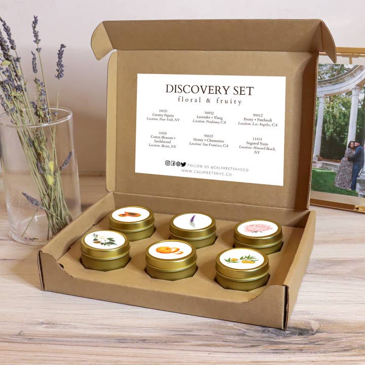 Set regalo di candele in latta Floral + Fruity Discovery per la vendita all'ingrosso da parte di Cali Meets NYC