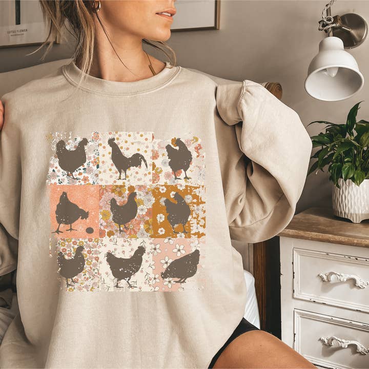 RETRO CHICKEN QUILT CREWNECK SWEATSHIRT ADULT for wholesale by Haverly and Co.