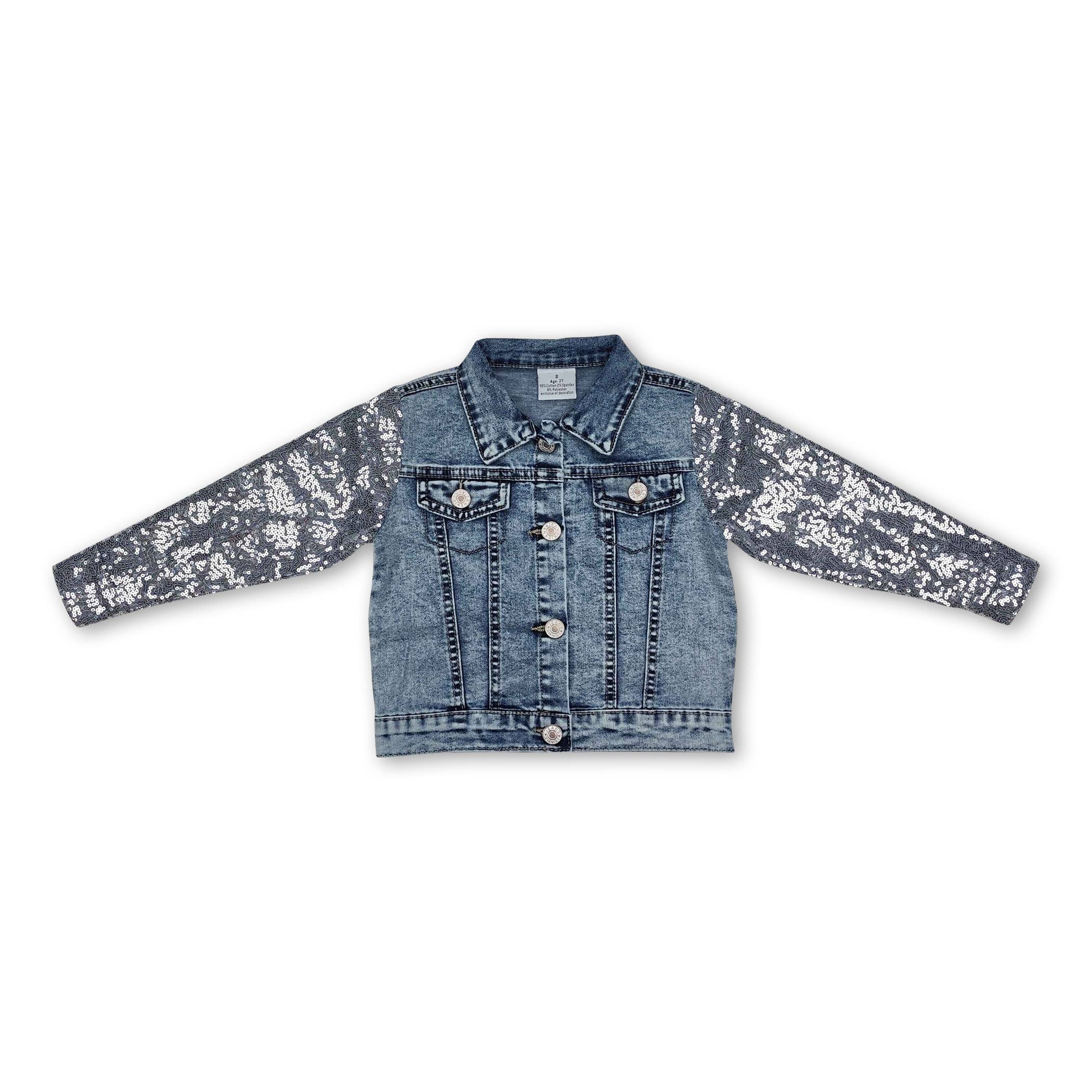 Yawoo Garments - Vente Veste en jean – enfant - Vestes en jean à manches longues à paillettes argentées pour filles1
