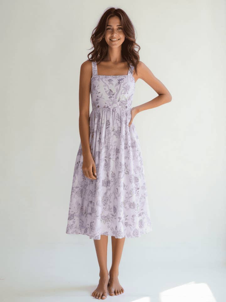 Bomullsmidiklänning med blommönster för kvinnor – Lavendel för wholesale av Ariastop.com corporation