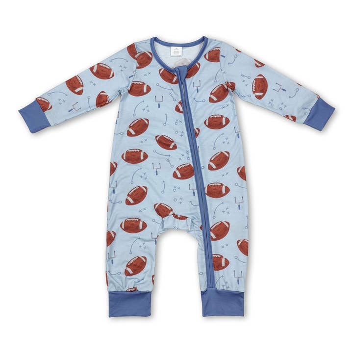 Light blue football long sleeves boy bamboo zipper romper for wholesale by Yawoo Garments