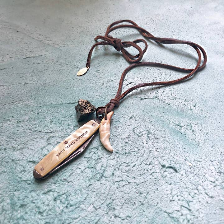 ASTALI - Wholesale Pendant/Charm Necklace - Vintage Pocket Knife & Coyote Tooth Necklace, Pyrite, Real8