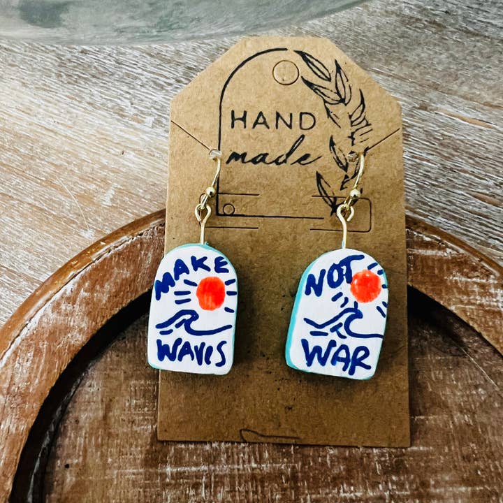 Handmade Clay Earrings - Arch Make Waves Not War for wholesale by Keely Siebenthal Art & Designs
