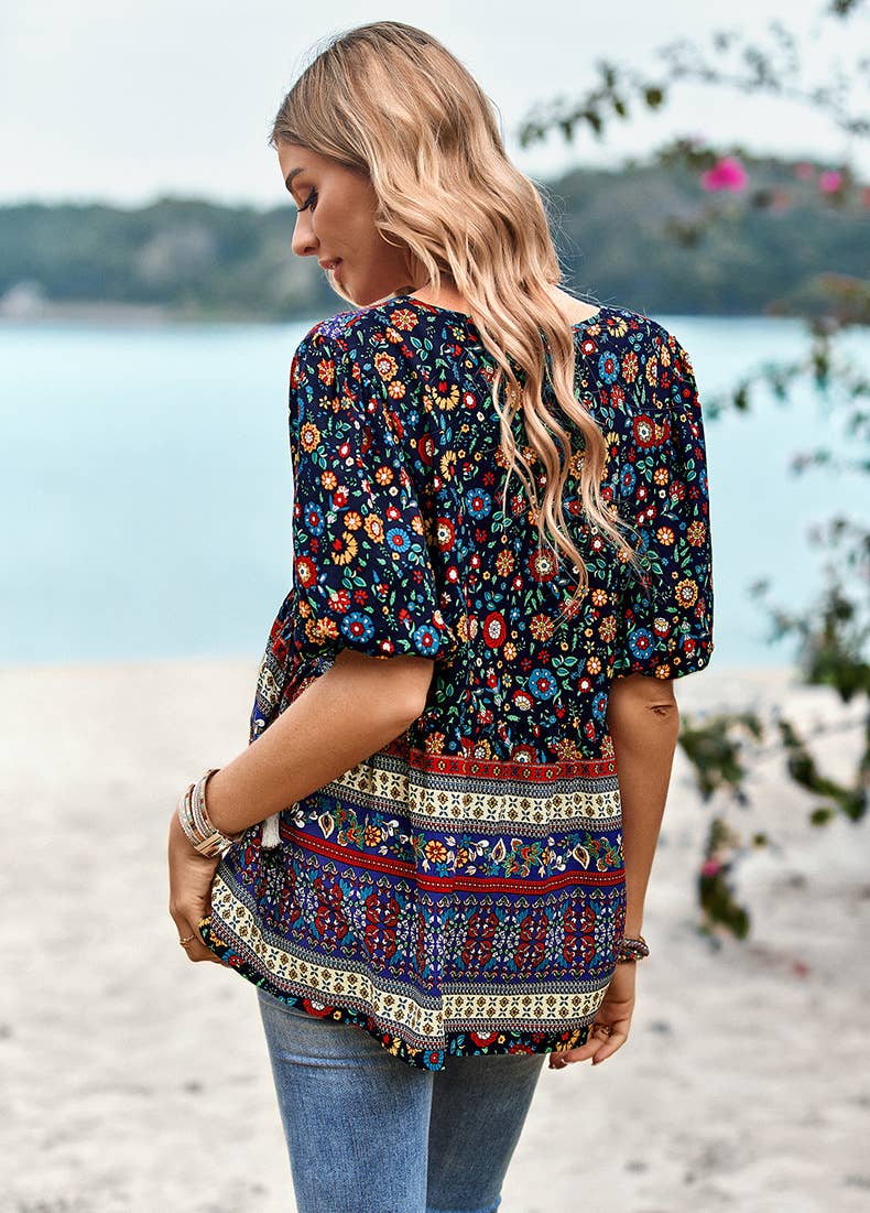 YNIQUE - Vendita all'ingrosso Camicetta - Donna - Camicie e top con scollo a V con stampa floreale boho da donna13