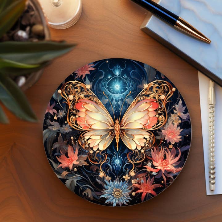 Fernville Creations - Wholesale Coasters - Butterfly Ceramic Coaster, Coral & Gold Nature Decor