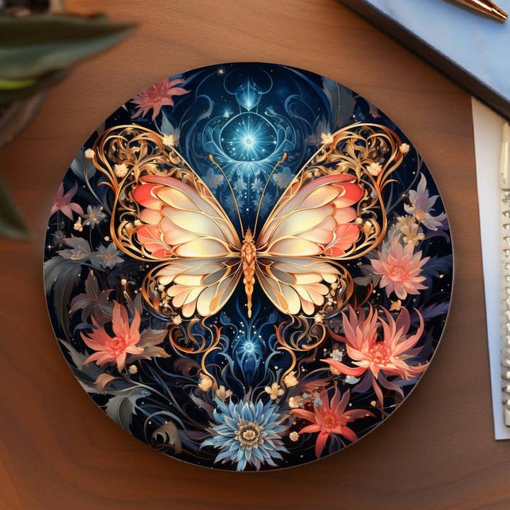 Fernville Creations - Wholesale Coasters - Butterfly Ceramic Coaster, Coral & Gold Nature Decor0