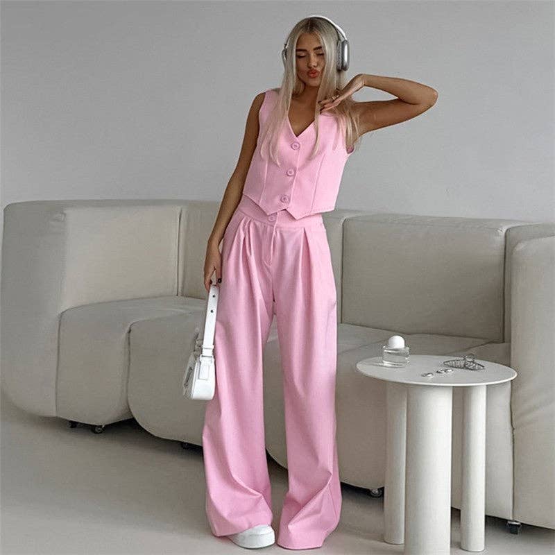 Sheer Trend - Wholesale Set met top en broek (GEEN Loungewear) - Dames - Effen Kleur Mouwloos Vest Wijde Broek Set2