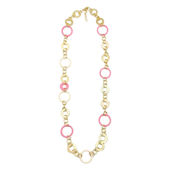 Sachi Raffia Rings Necklace - Pink Large and Small Rings for wholesale by Anju Jewelry