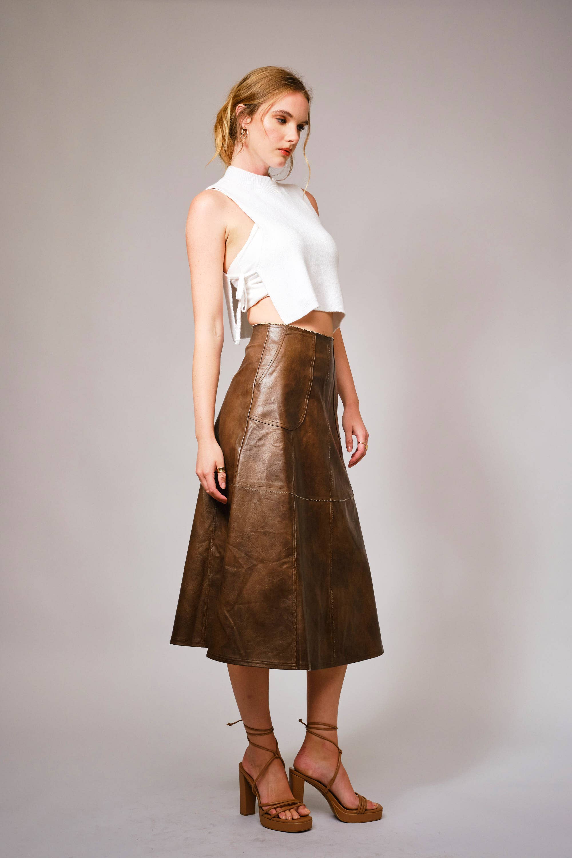 BROWN 37012S - Zigzag Seam Washed Faux Leather Midi Skirt for wholesale on Faire5