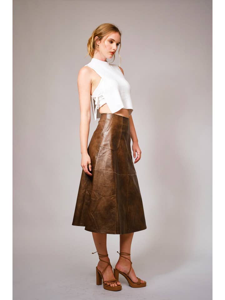 BROWN 37012S - Zigzag Seam Washed Faux Leather Midi Skirt for wholesale on Faire5