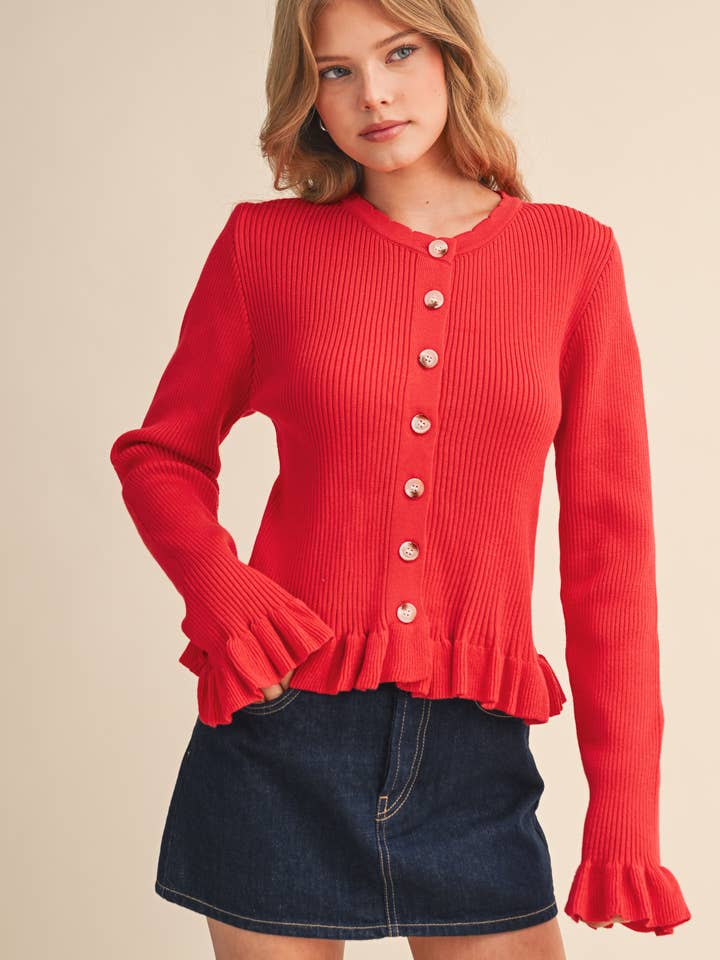 &MERCI - Wholesale Cardigan - Women's - RUFFLE HEM RIBBED KNIT SWEATER CARDIGAN MSW1124910