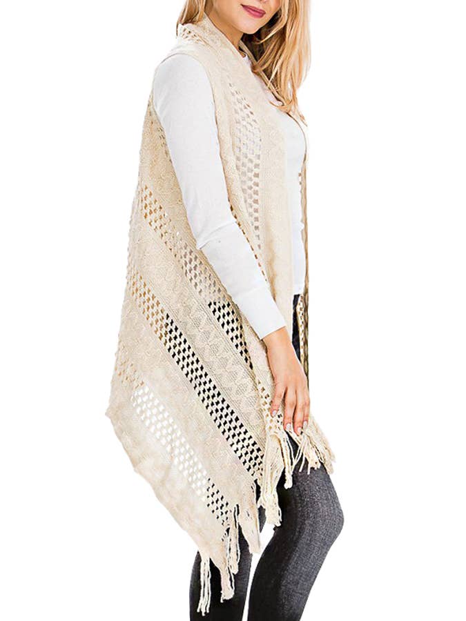 Cap Zone – Colete - Mulher por atacado – Cabo Crochet malha franja guarnição Cardigan Long Vest1