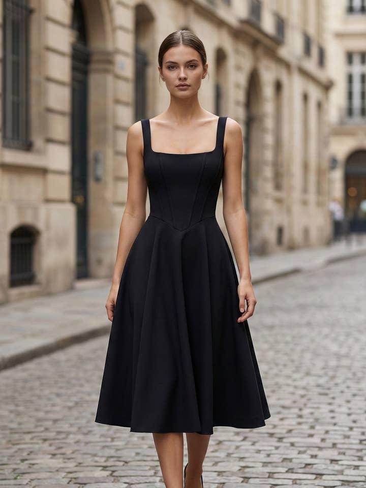 Vestido mini negro con corsé de escote cuadrado y falda acampanada para venta al por mayor de AVINCI
