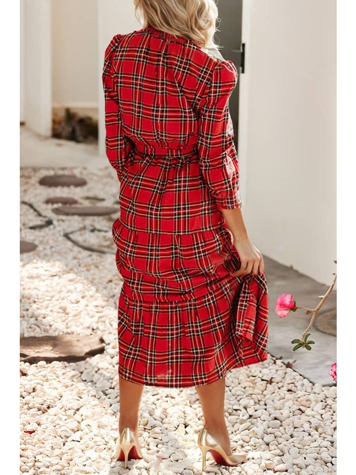 Red LDC Plaid V Neck 3/4 Sleeve Tie Waist Ruffle Hem Midi Dress for wholesale on Faire1