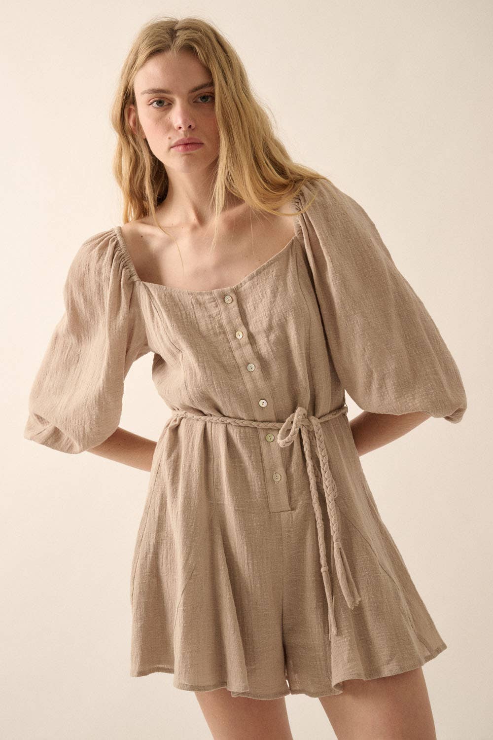 Promesa USA – Romper - Mulher por atacado – Macacão de Perna Larga com Mangas Bufantes em Algodão Texturizado9